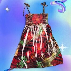 vtg y2k ocean blue mcbling scene trashy sublimated aop smocked sundress, sz lg